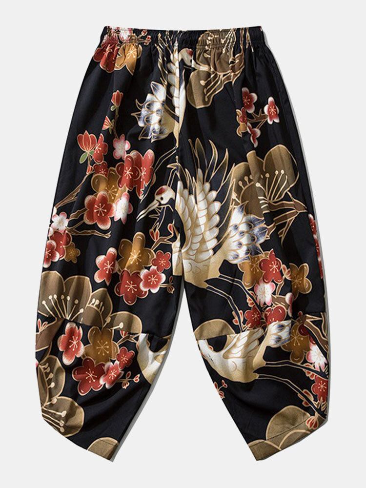 Japansk Kimono Crane Flower Print Open Front Pants Co-ords