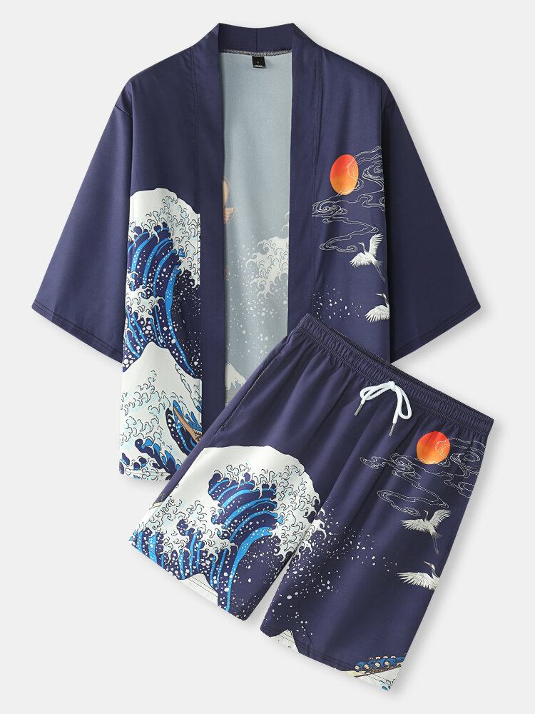 Japanske Kimono Wave Koi Ukiyoe Mænds Rygtryk I To Dele