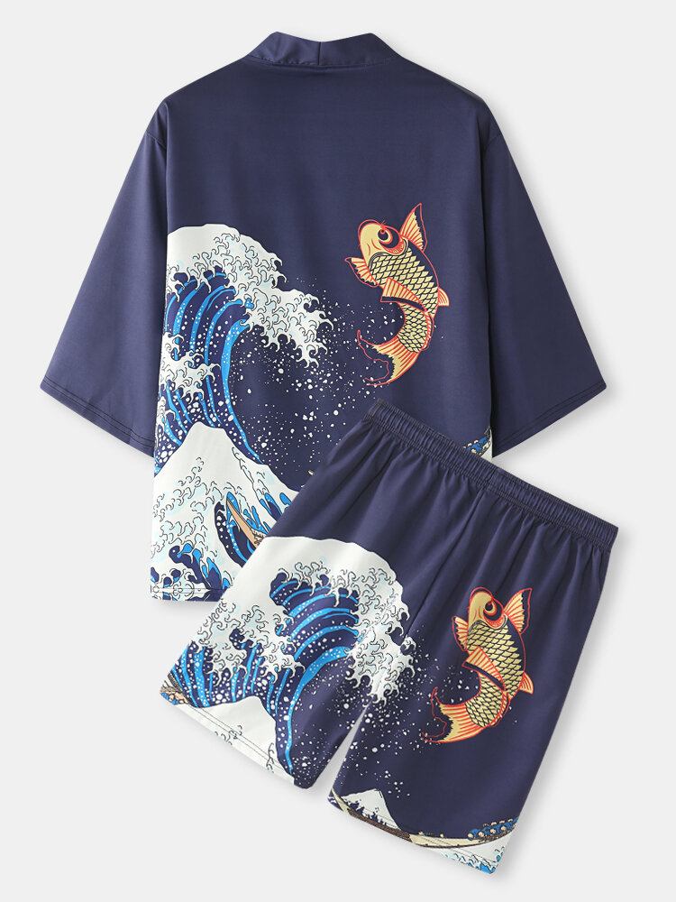 Japanske Kimono Wave Koi Ukiyoe Mænds Rygtryk I To Dele