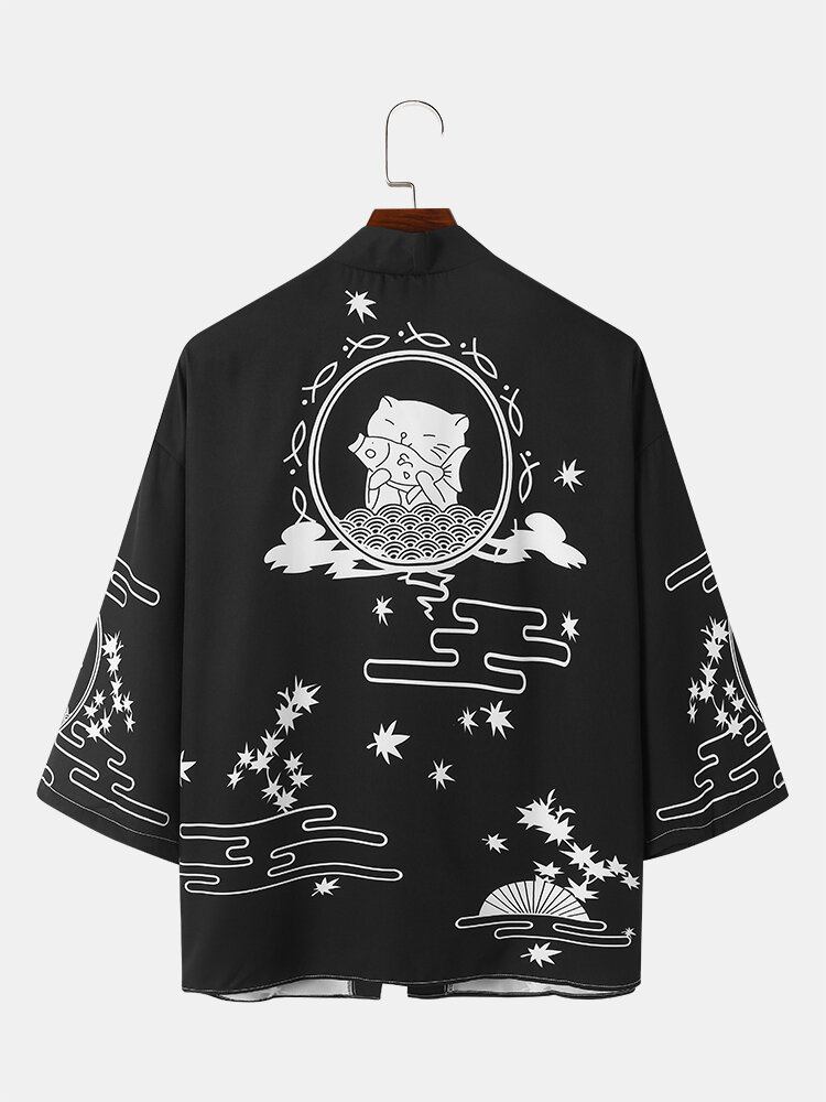 Kattetryk Til Mænd I Japansk Stil Åben Foran Løs Kimono