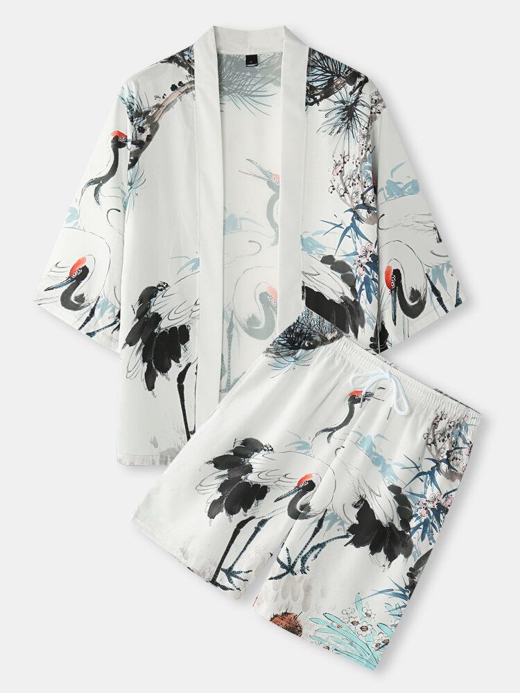 Kimono Blækmaling Til Mænd Krantryk Lomme Åben Front Todelt Outfits