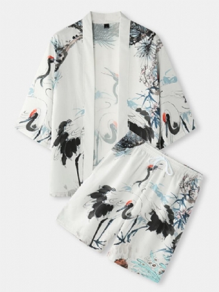 Kimono Blækmaling Til Mænd Krantryk Lomme Åben Front Todelt Outfits