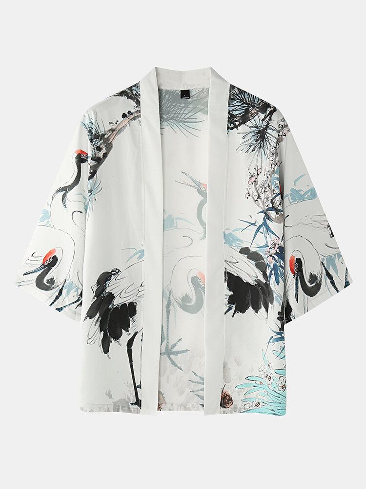 Kimono Blækmaling Til Mænd Krantryk Lomme Åben Front Todelt Outfits