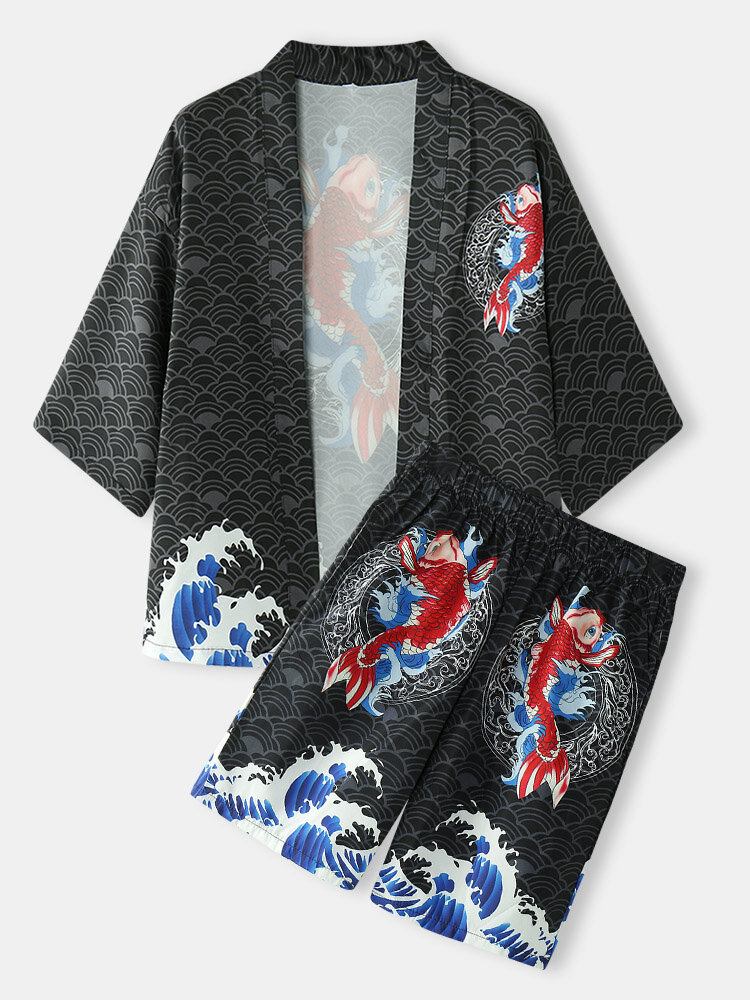 Kimono Japansk Koi Bølgetryk Til Mænd Med Åben Front I To Dele