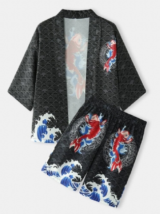 Kimono Japansk Koi Bølgetryk Til Mænd Med Åben Front I To Dele