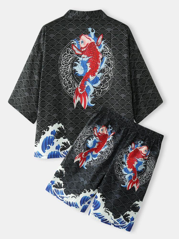 Kimono Japansk Koi Bølgetryk Til Mænd Med Åben Front I To Dele