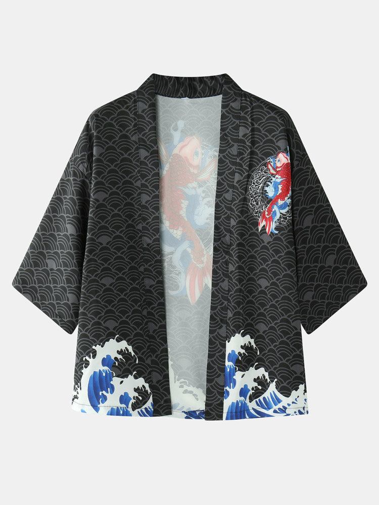 Kimono Japansk Koi Bølgetryk Til Mænd Med Åben Front I To Dele