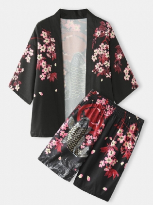 Kimono Karper Blomsterprint Japansk Fisk Elastisk Talje Todelt Outfits