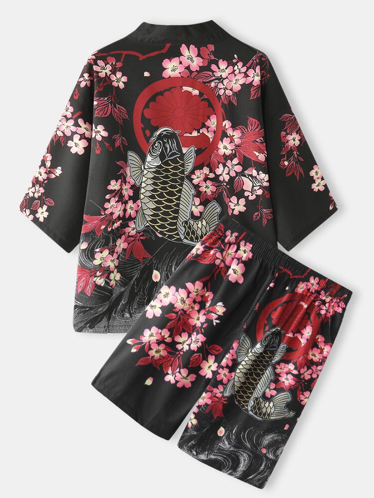 Kimono Karper Blomsterprint Japansk Fisk Elastisk Talje Todelt Outfits