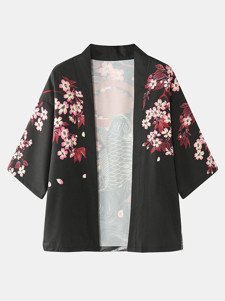 Kimono Karper Blomsterprint Japansk Fisk Elastisk Talje Todelt Outfits