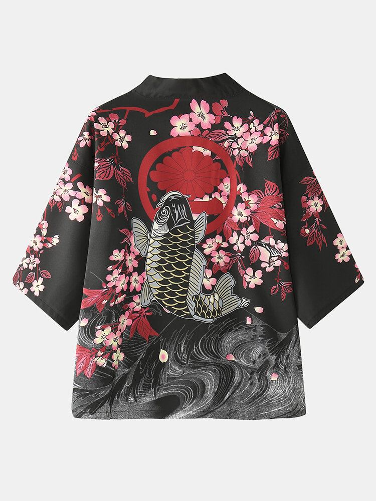 Kimono Karper Blomsterprint Japansk Fisk Elastisk Talje Todelt Outfits