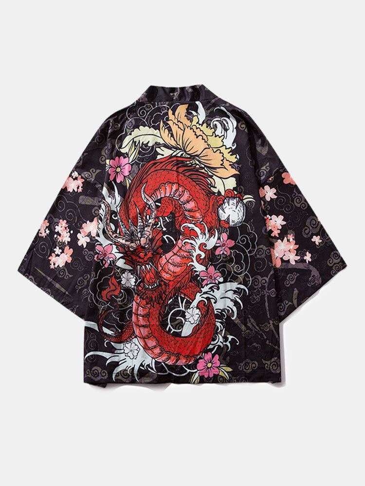 Kimono Til Mænd I Etnisk Stil Lang Gragon Print Elastisk Talje I To Dele