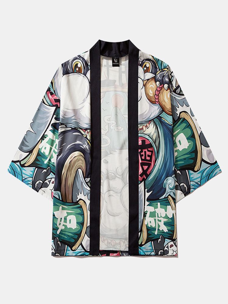 Kinesisk Tegnefilm Panda Print Til Mænd Åben Foran Kimono