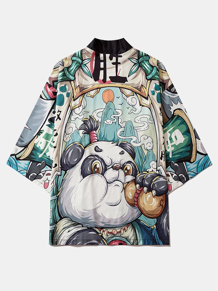 Kinesisk Tegnefilm Panda Print Til Mænd Åben Foran Kimono