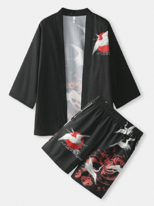 Kranprint Til Mænd I Kinesisk Stil Med Åben Front Kimono I To Stykker