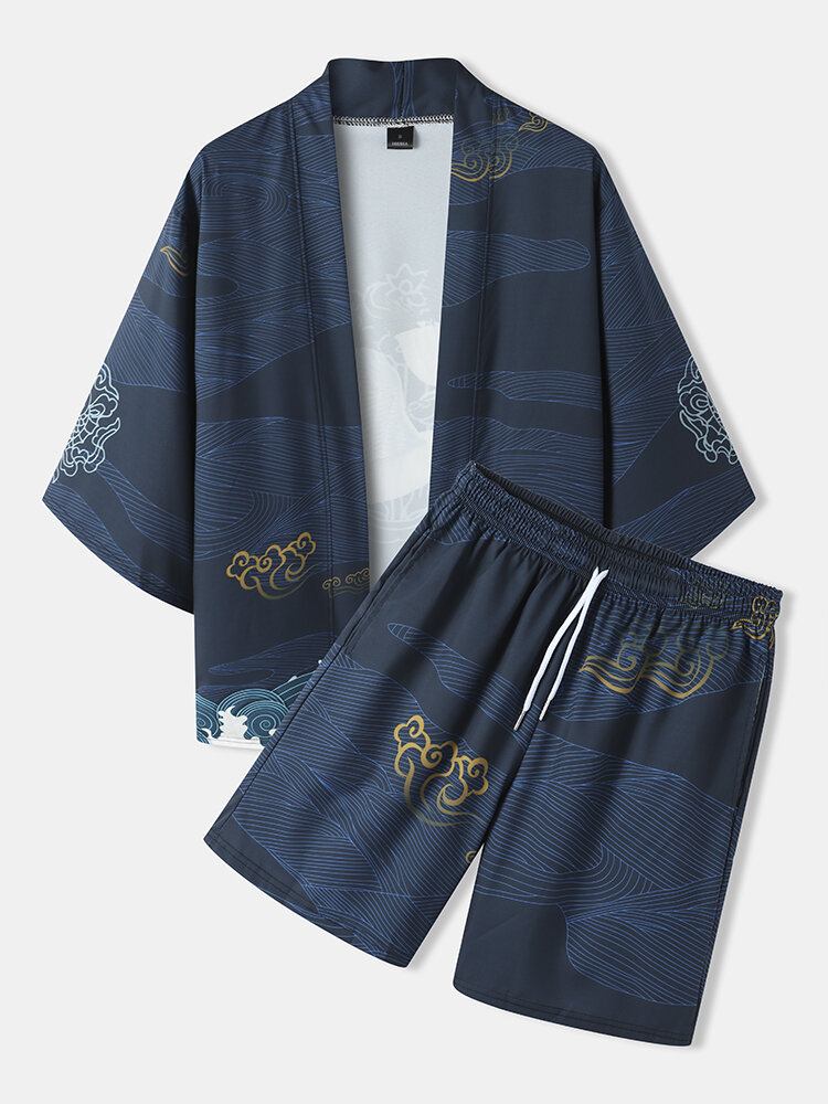 Kranrygmønster Til Mænd I Japansk Stil Åben Foran Kimono-outfits I To Stykker