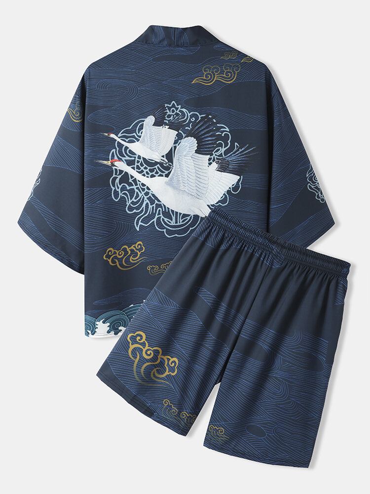 Kranrygmønster Til Mænd I Japansk Stil Åben Foran Kimono-outfits I To Stykker