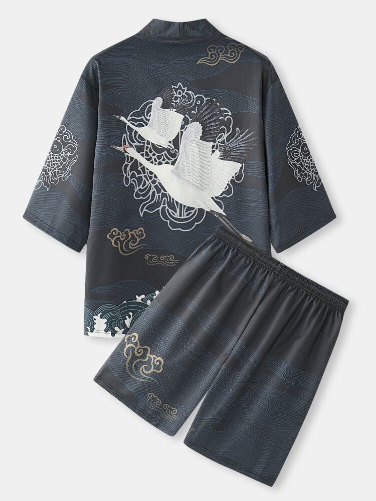 Kranrygmønster Til Mænd I Japansk Stil Åben Foran Kimono-outfits I To Stykker