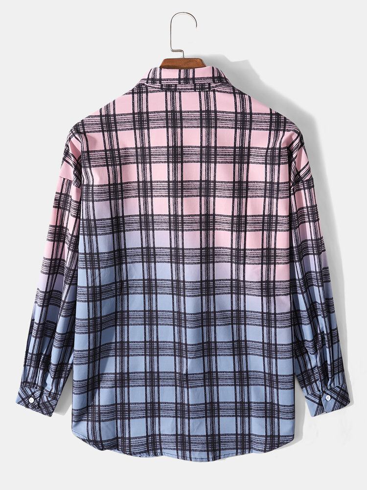 Langærmet Langærmet Skjorte Med Gradient Plaid Knap Til Mænd