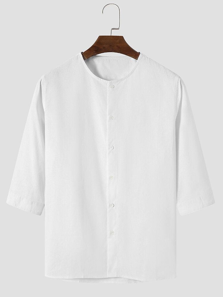 Mænd 100% Bomuld Clean Color Buttons Up Shirts Med Rund Hals