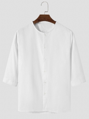 Mænd 100% Bomuld Clean Color Buttons Up Shirts Med Rund Hals