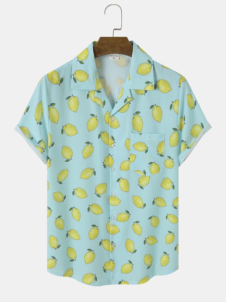 Mænd Allover Citron Print Single Pocket Revere Collar Bløde Åndbare Fritidsskjorter