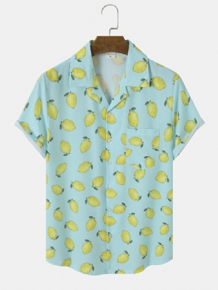 Mænd Allover Citron Print Single Pocket Revere Collar Bløde Åndbare Fritidsskjorter