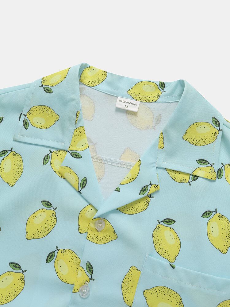 Mænd Allover Citron Print Single Pocket Revere Collar Bløde Åndbare Fritidsskjorter