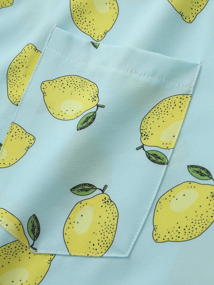 Mænd Allover Citron Print Single Pocket Revere Collar Bløde Åndbare Fritidsskjorter