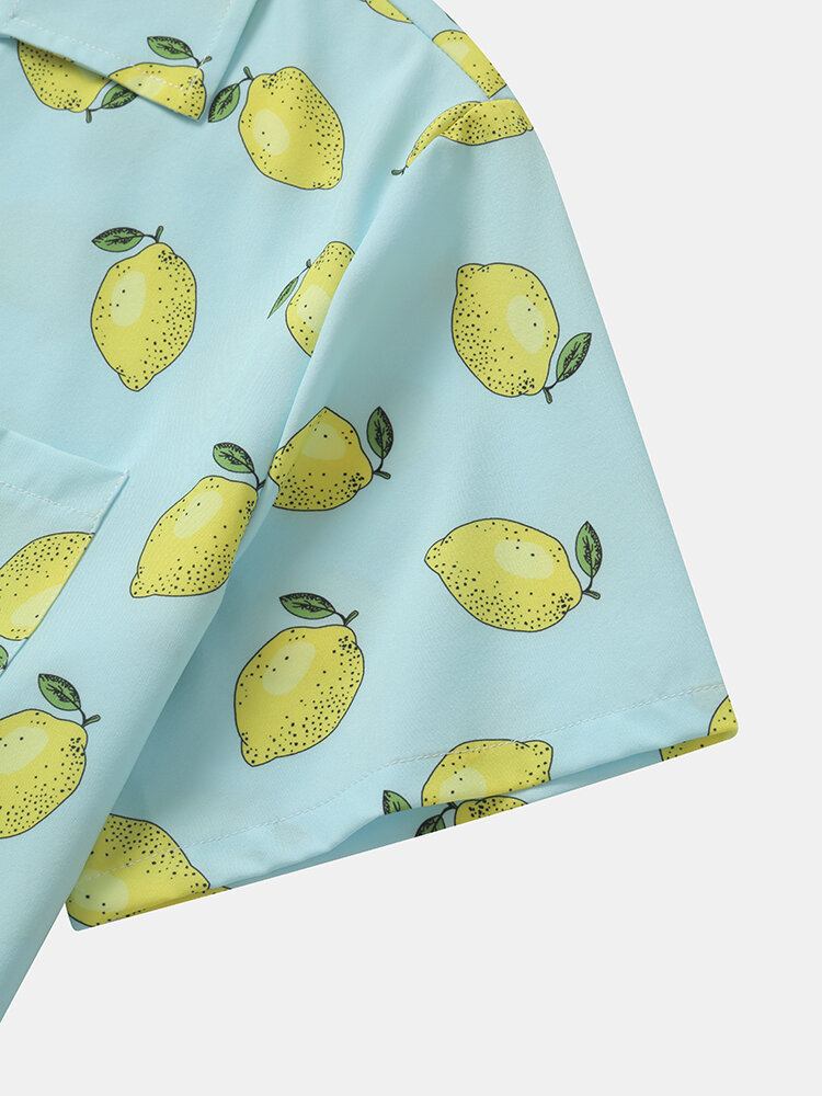 Mænd Allover Citron Print Single Pocket Revere Collar Bløde Åndbare Fritidsskjorter