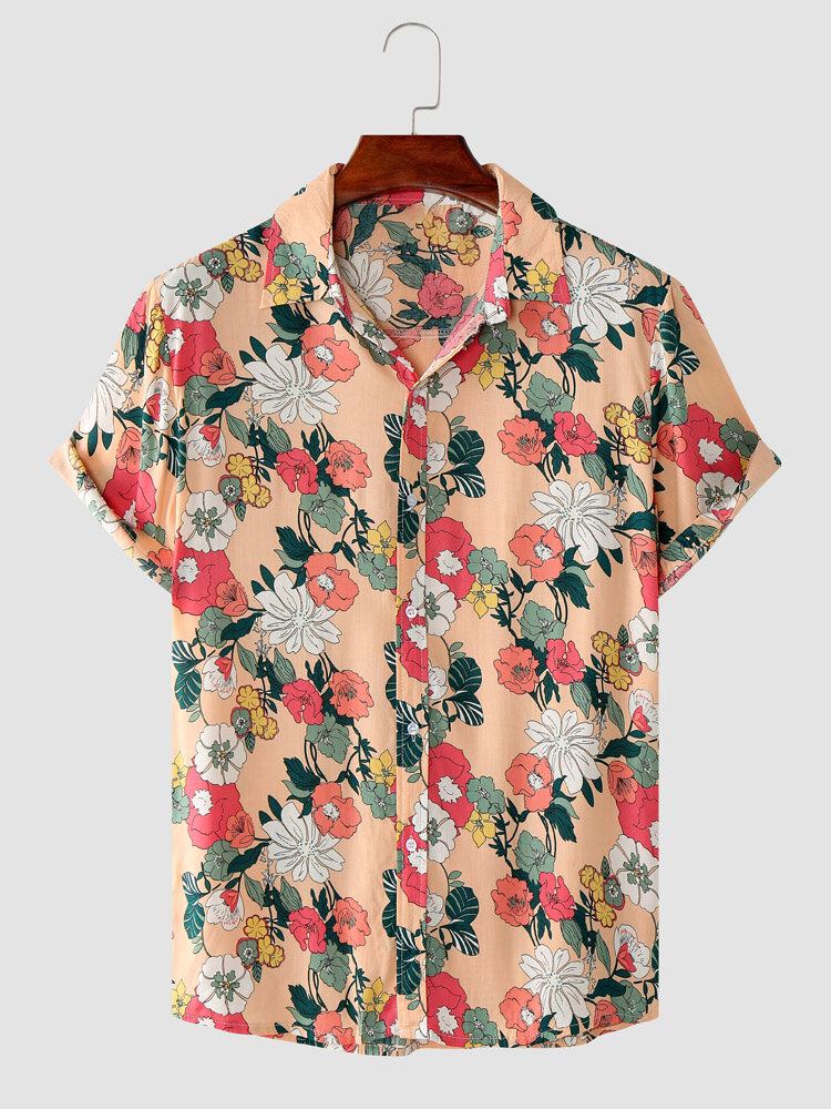 Mænd Allover Tegneserie-blomstret Print Holiday Manchetkant Blød Front-knap Casual Skjorter