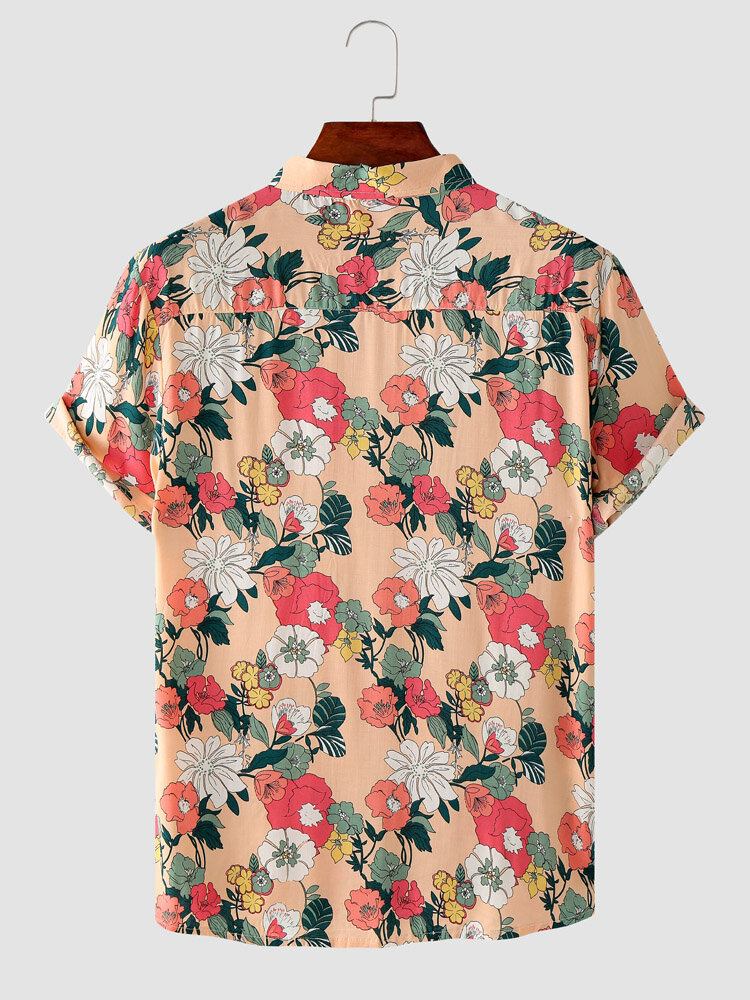 Mænd Allover Tegneserie-blomstret Print Holiday Manchetkant Blød Front-knap Casual Skjorter