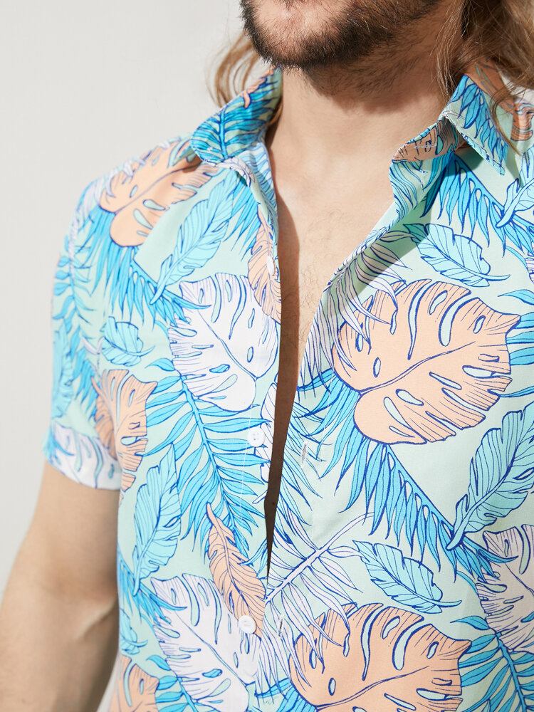 Mænd Allover Tropical Plants Cartoon Beachwear Lapel Hawaii Style Skjorter