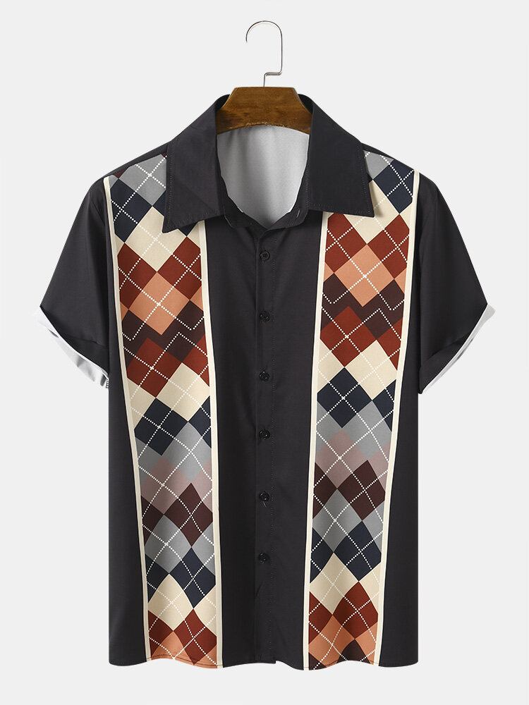 Mænd Argyle Geometrisk Patchwork Hem Manchet Kortærmede Bløde Behagelige Skjorter