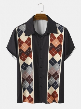 Mænd Argyle Geometrisk Patchwork Hem Manchet Kortærmede Bløde Behagelige Skjorter