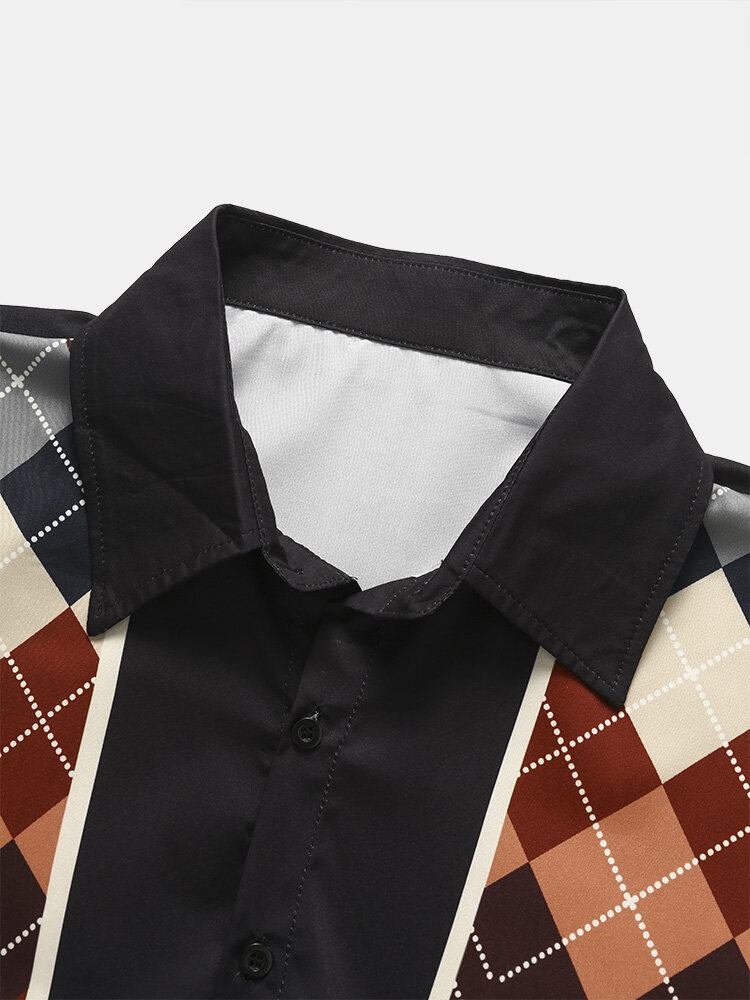 Mænd Argyle Geometrisk Patchwork Hem Manchet Kortærmede Bløde Behagelige Skjorter