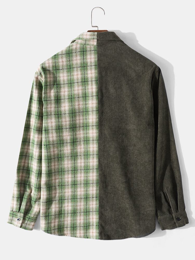 Mænd Bomuld Corduroy Splejsning Plaid Kontrast Casual Skjorte