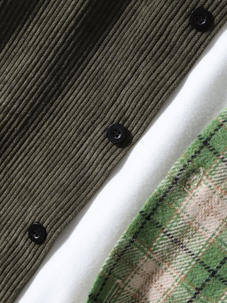 Mænd Bomuld Corduroy Splejsning Plaid Kontrast Casual Skjorte