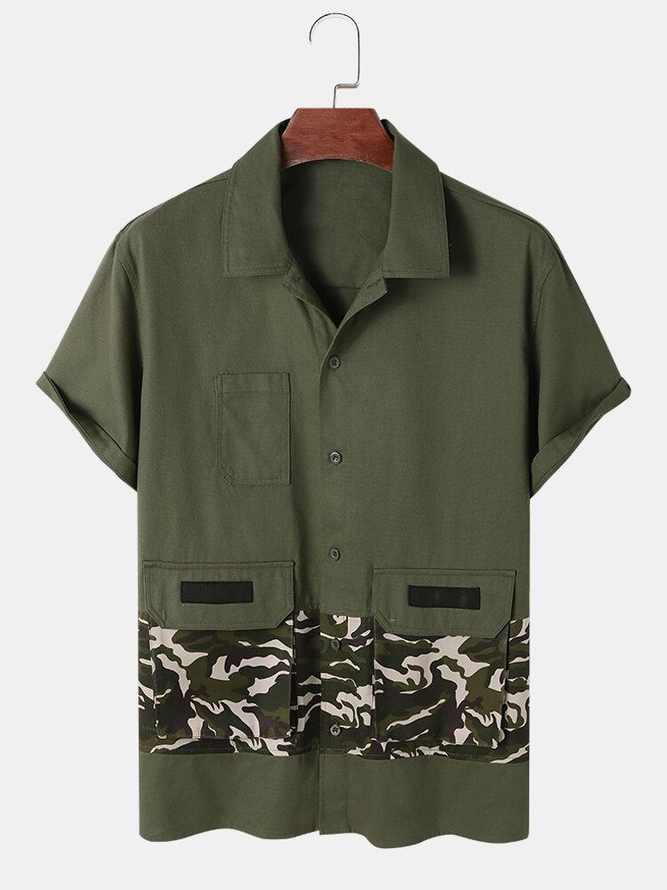 Mænd Camo Patchwork Utility Kortærmet Cargo Alle Matchede Hudvenlige Skjorter