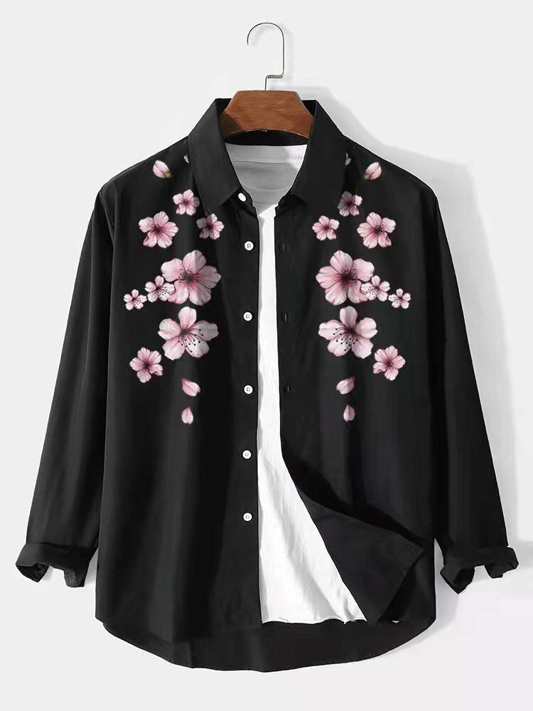 Mænd Cherry Blossom Button Up Langærmede Buede Kant Casual Skjorter