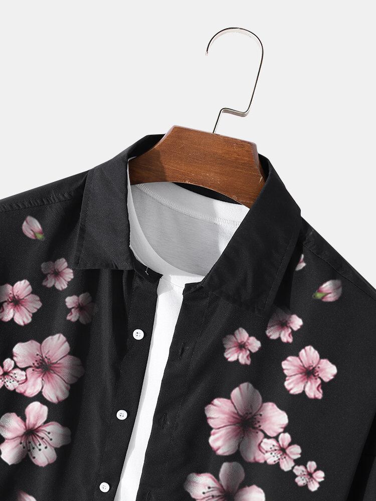 Mænd Cherry Blossom Button Up Langærmede Buede Kant Casual Skjorter