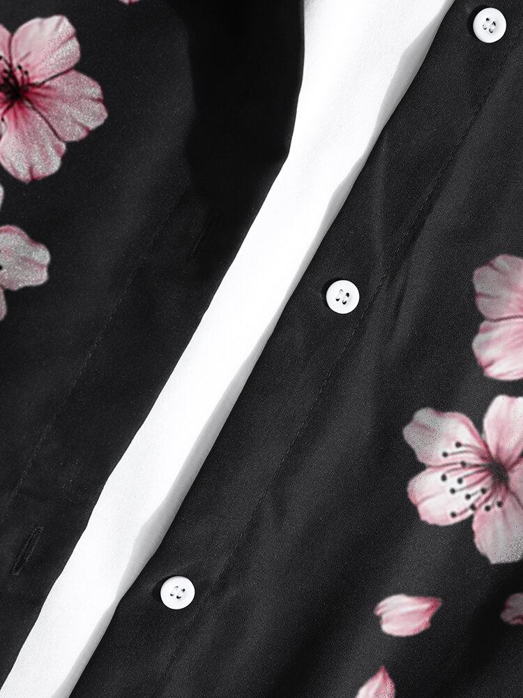 Mænd Cherry Blossom Button Up Langærmede Buede Kant Casual Skjorter