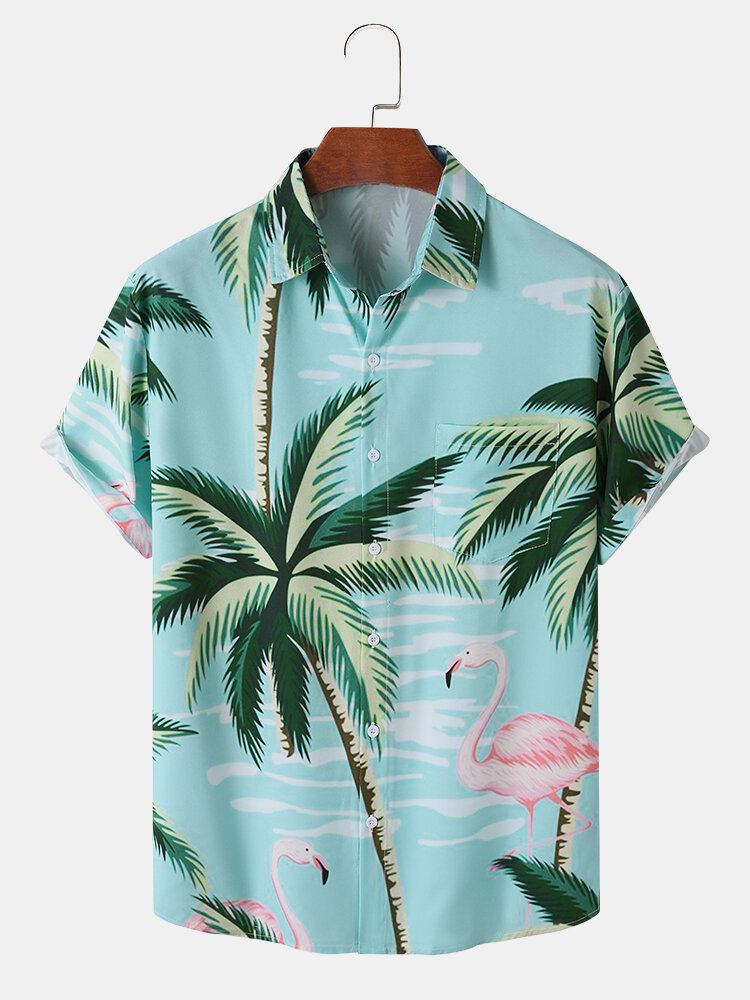 Mænd Coconut Tree Crane Print Kortærmede Forreste Button Casual Skjorter