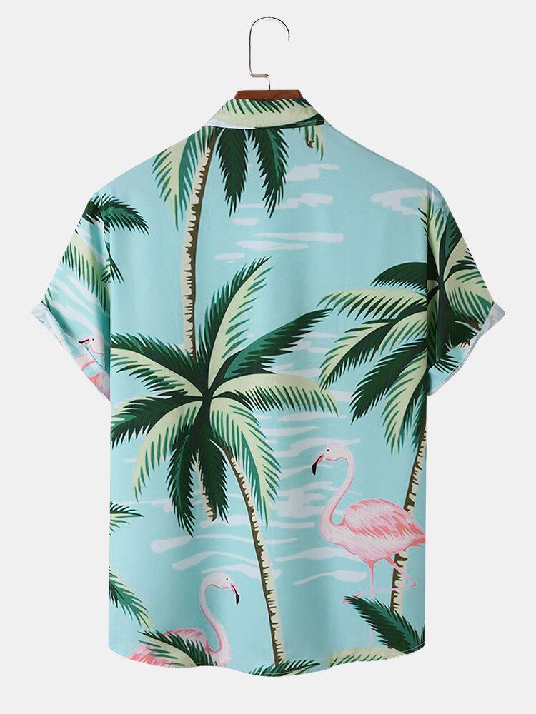 Mænd Coconut Tree Crane Print Kortærmede Forreste Button Casual Skjorter