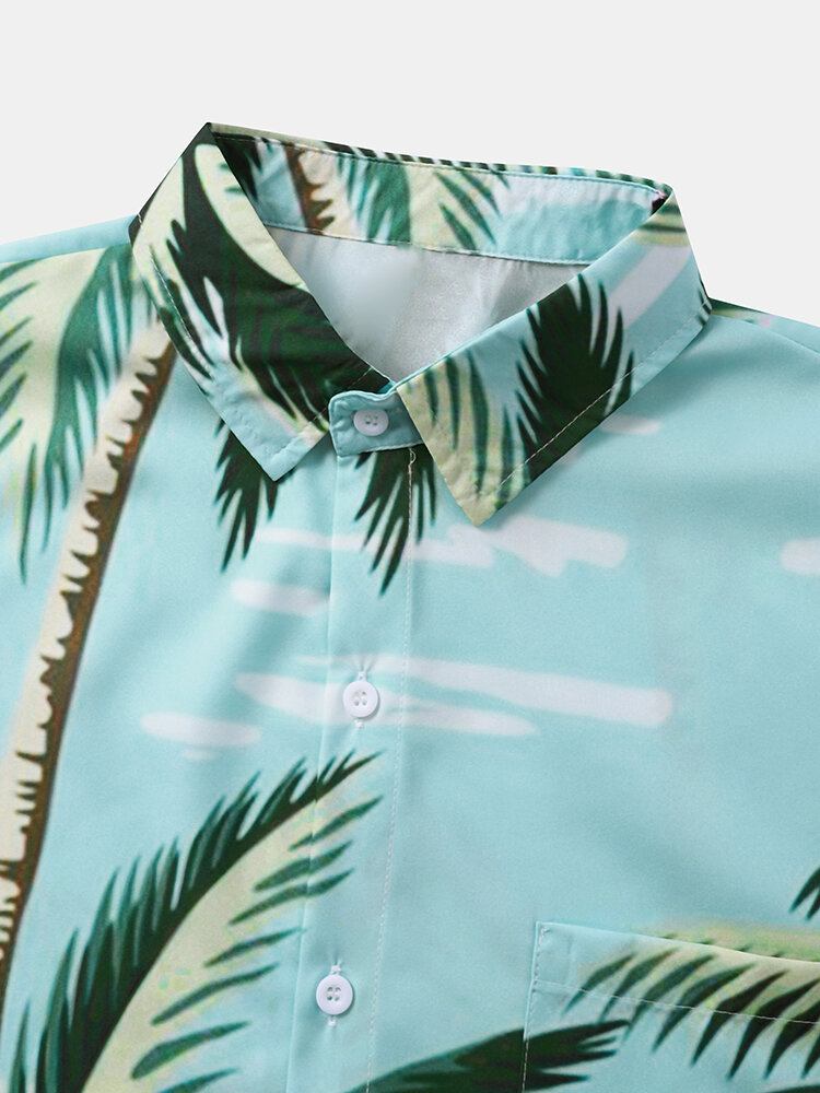 Mænd Coconut Tree Crane Print Kortærmede Forreste Button Casual Skjorter