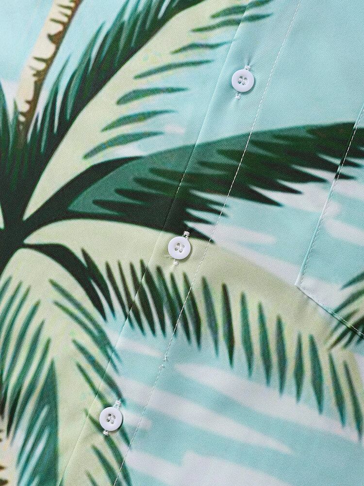 Mænd Coconut Tree Crane Print Kortærmede Forreste Button Casual Skjorter