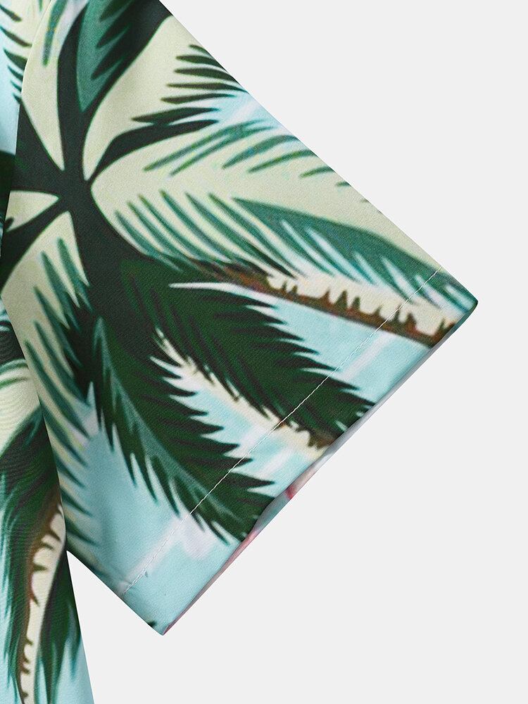 Mænd Coconut Tree Crane Print Kortærmede Forreste Button Casual Skjorter