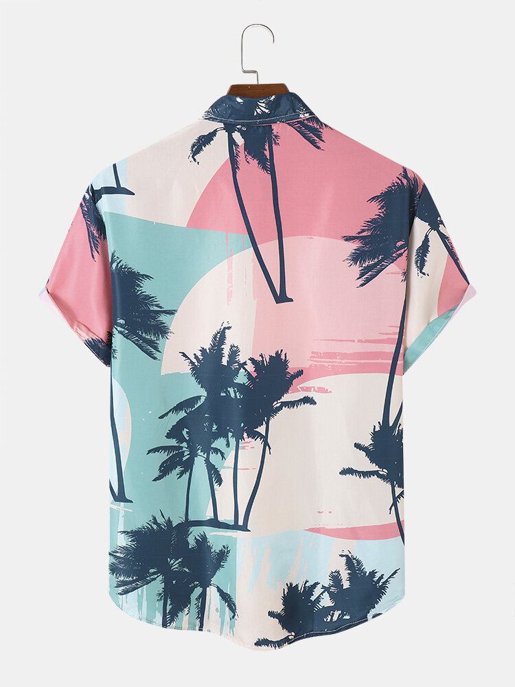 Mænd Coconut Tree Print Kortærmede Bløde Åndbare Skjorter