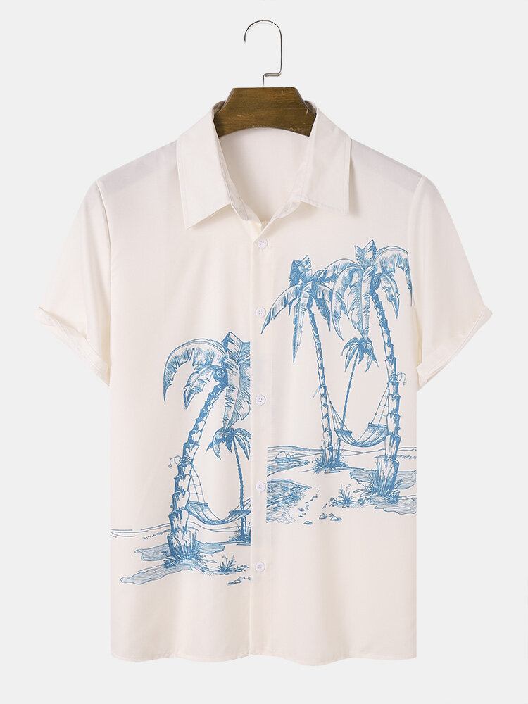 Mænd Coconut Tree Print Kortærmede Casual Skjorter