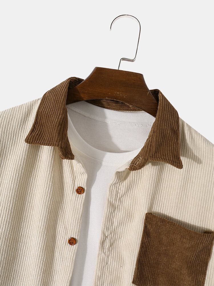 Mænd Corduroy Bomuld Patchwork Pocket Button Lapel Casual Skjorter